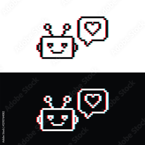 glitch effect chatbot icon with chat bubble heart 8 bit, pixel art bot icon  for game  logo.