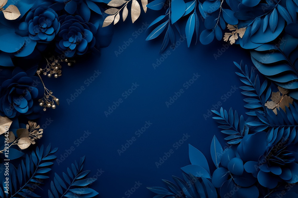 Naklejka premium Elegant deep blue floral background with golden leaves. A sophisticated decorative arrangement with intricate handcrafted details, perfect for luxury branding and design.