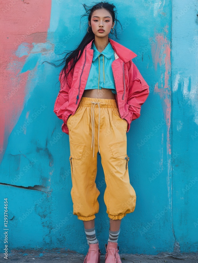 Obraz premium Vibrant Street Style: A model showcasing a pink jacket, blue crop top, and yellow joggers against a colorful graffiti backdrop.