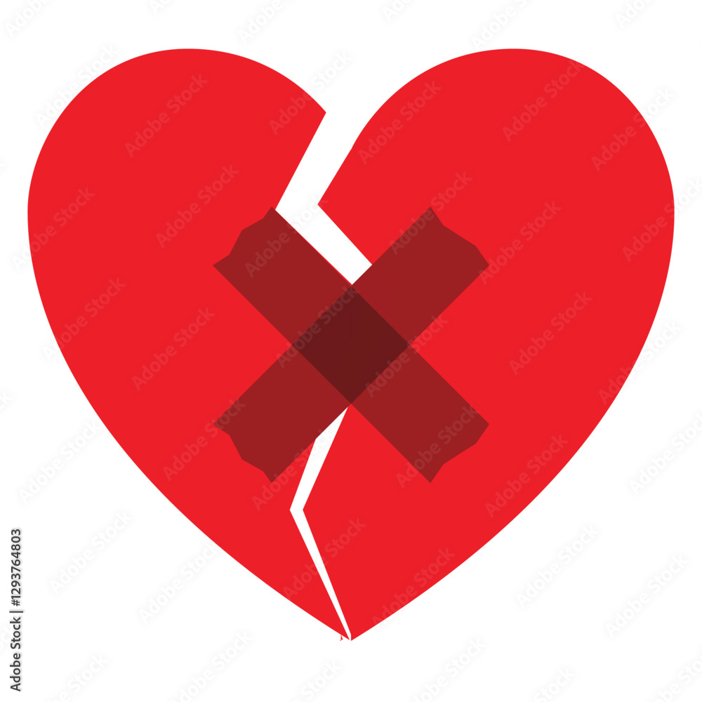 Broken heart sticky note. Red heart with crossed tape Broken heart sticky note. Red heart with crossed tape