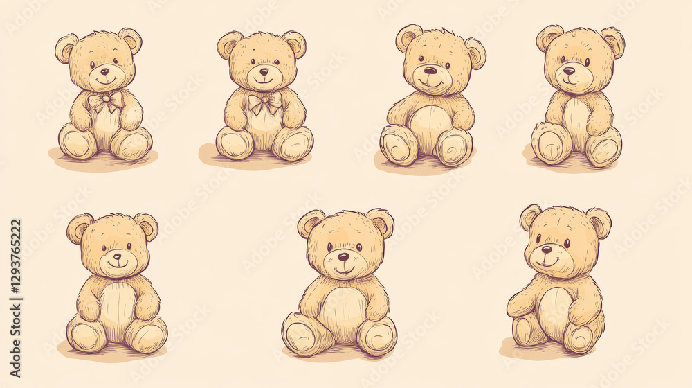Fototapeta premium A charming collection of illustrated teddy bears, designed in a soft and sketchy hand-drawn style, each bear slightly unique with different expressions and cozy clothing