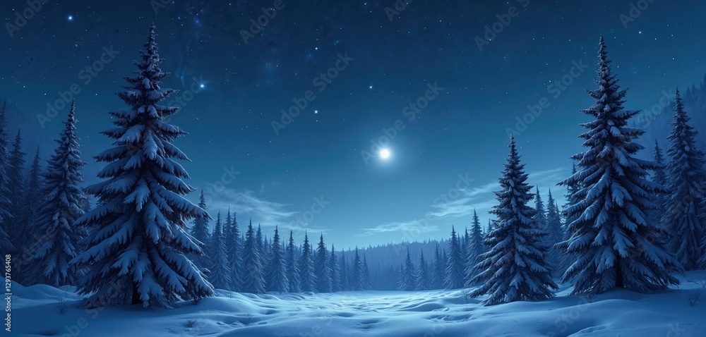 Starry night scene with snow covered trees, bright star. Winter landscape with snowy forest, snowdrifts, dark blue sky. Winter season wonderland. Calm serene cosmic atmosphere, tranquil peaceful Starry night scene with snow covered trees, bright star. Winter landscape with snowy forest, snowdrifts, dark blue sky. Winter season wonderland. Calm serene cosmic atmosphere, tranquil peaceful