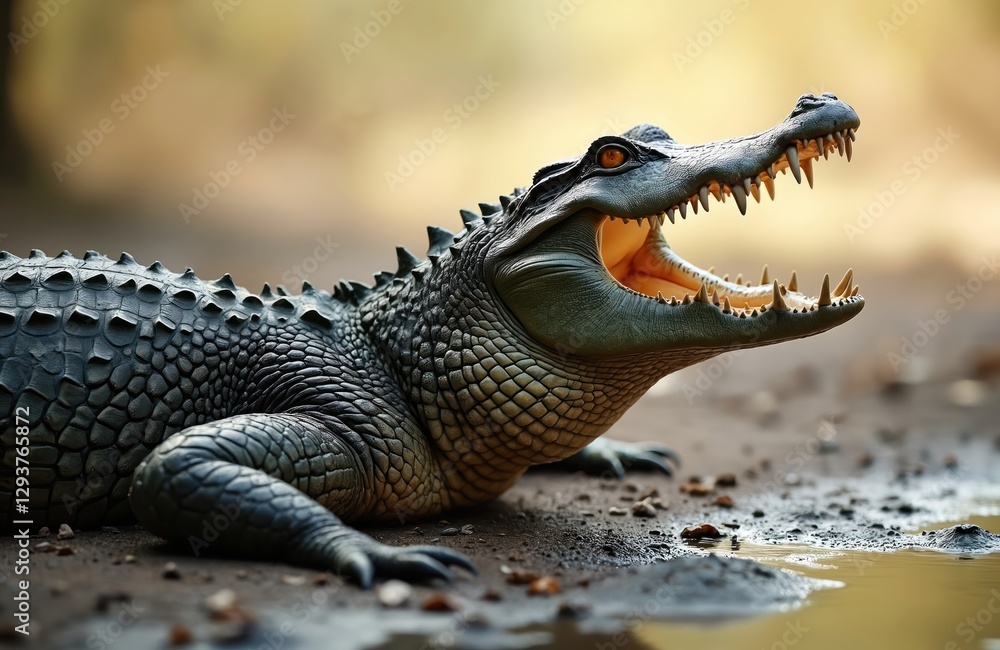 Crocodile with open mouth lies in wild. Portrait of dangerous reptile with sharp teeth on nature background. Scaly skin texture of predator. Carnivore hunting. Wildlife close-up. Crocodile with open mouth lies in wild. Portrait of dangerous reptile with sharp teeth on nature background. Scaly skin texture of predator. Carnivore hunting. Wildlife close-up.