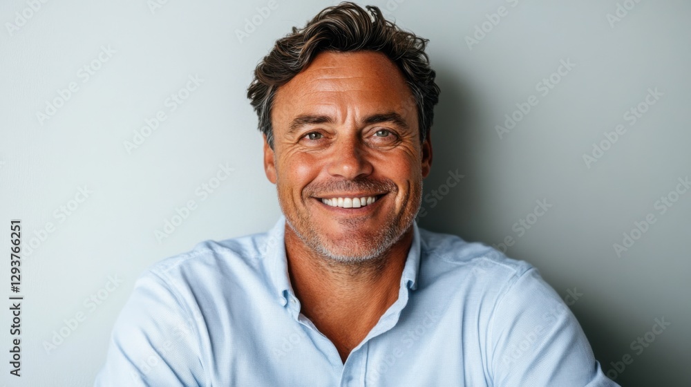Confident man smiling with a warm expression, crisp white backdrop Confident man smiling with a warm expression, crisp white backdrop