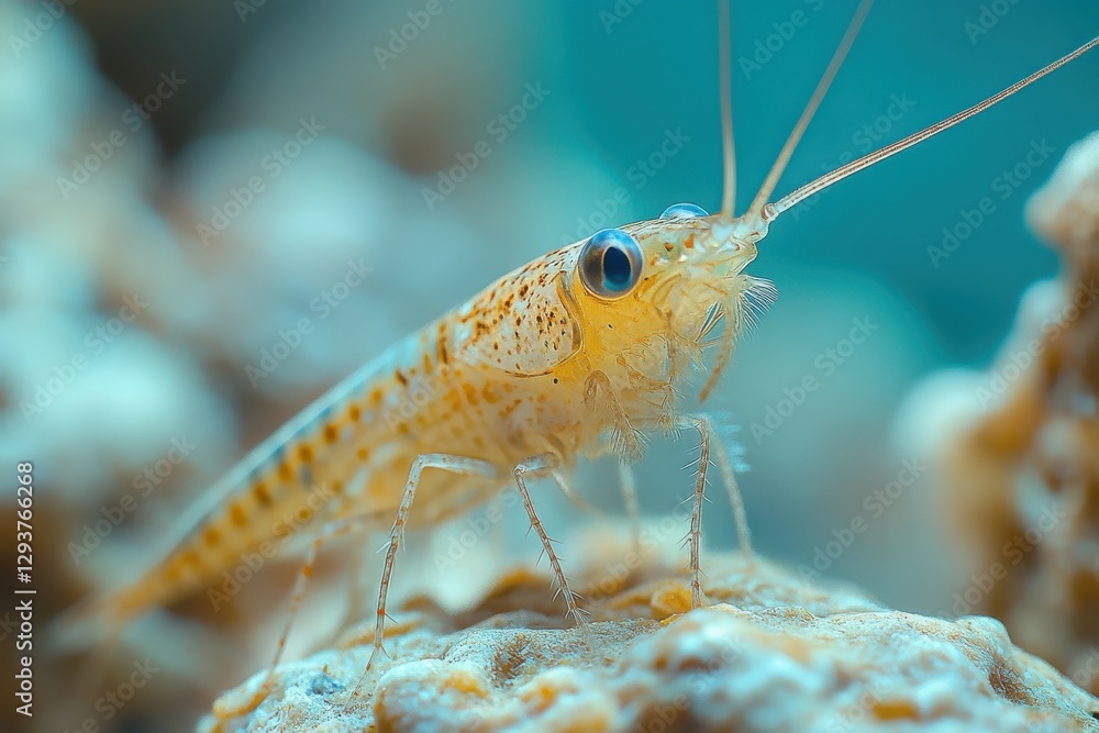 Close-up of a tiny, translucent shrimp with speckled body, perched on a light-colored rock. Its delicate legs and long antennae are visible. Close-up of a tiny, translucent shrimp with speckled body, perched on a light-colored rock. Its delicate legs and long antennae are visible.