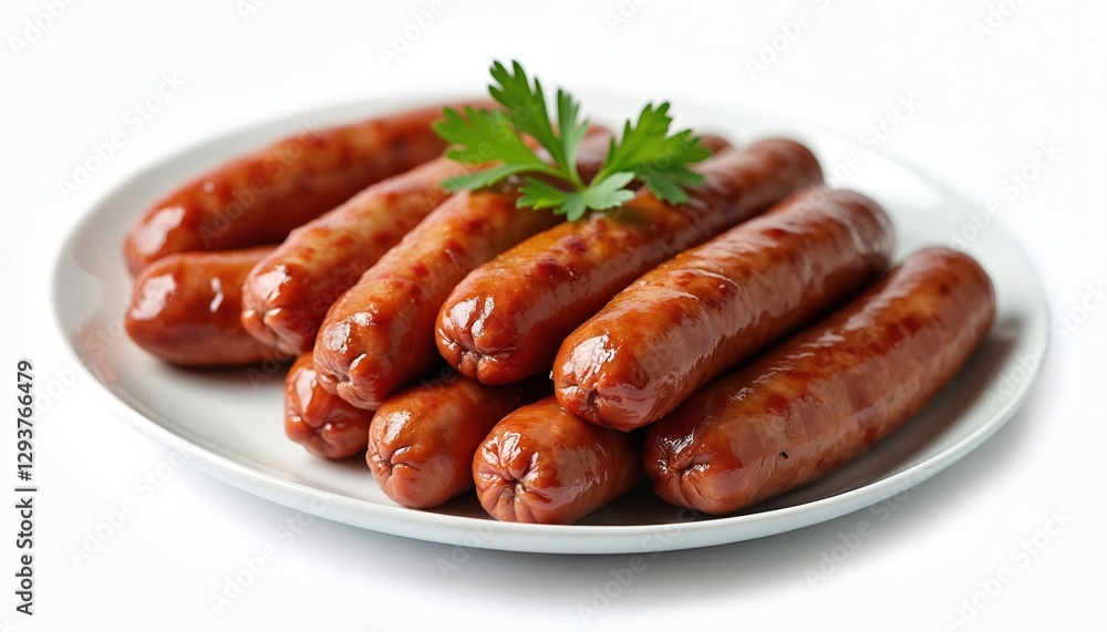 Pile of grilled sausages on white plate, decorated with fresh parsley. Appetizing pork sausages on a light background. Perfect barbecue snack food, catering service food. Pile of grilled sausages on white plate, decorated with fresh parsley. Appetizing pork sausages on a light background. Perfect barbecue snack food, catering service food.