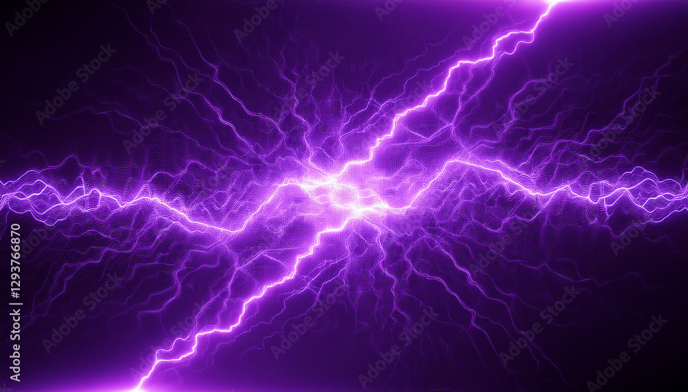 Fototapeta premium Powerful electrical current energy. Flash of lightning in a magic background. Neon purple discharge smoke background effect.