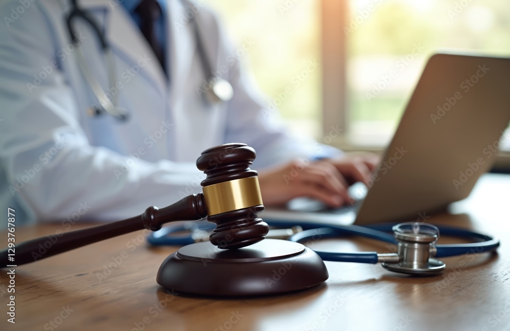 Judge gavel stethoscope, doctor in background typing on laptop. Concept of health law, medical legislation. Justice in healthcare industry, lawsuit for malpractice. Clinical error patient rights. Judge gavel stethoscope, doctor in background typing on laptop. Concept of health law, medical legislation. Justice in healthcare industry, lawsuit for malpractice. Clinical error patient rights.