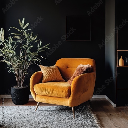 Golden velvet color styled accent chair and decor