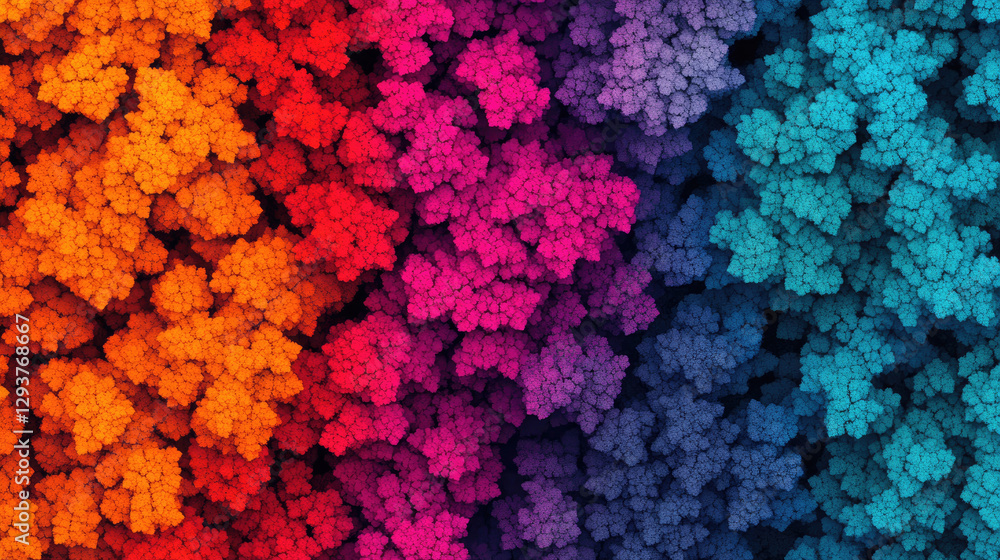 Obraz premium A vibrant, abstract pattern showcasing a blend of orange, pink, purple, and blue hues, resembling floral or fractal designs.