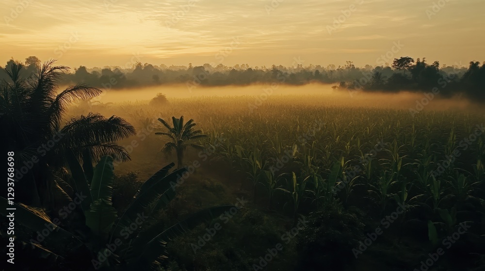 Obraz premium Serene Morning Landscape with Mist Over Expansive Green Field