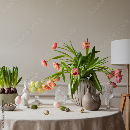 Wallpaper Mural Interior design of easter dining room with colorful eggs, white hare sculptures, vase with tulips, plants, lamp, beige wall with stucco, gray hen and personal accessories. Home decor. Template. Torontodigital.ca