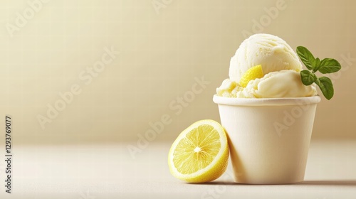 A delicious lemon ice cream with mint and lemon on the beige background, copy space