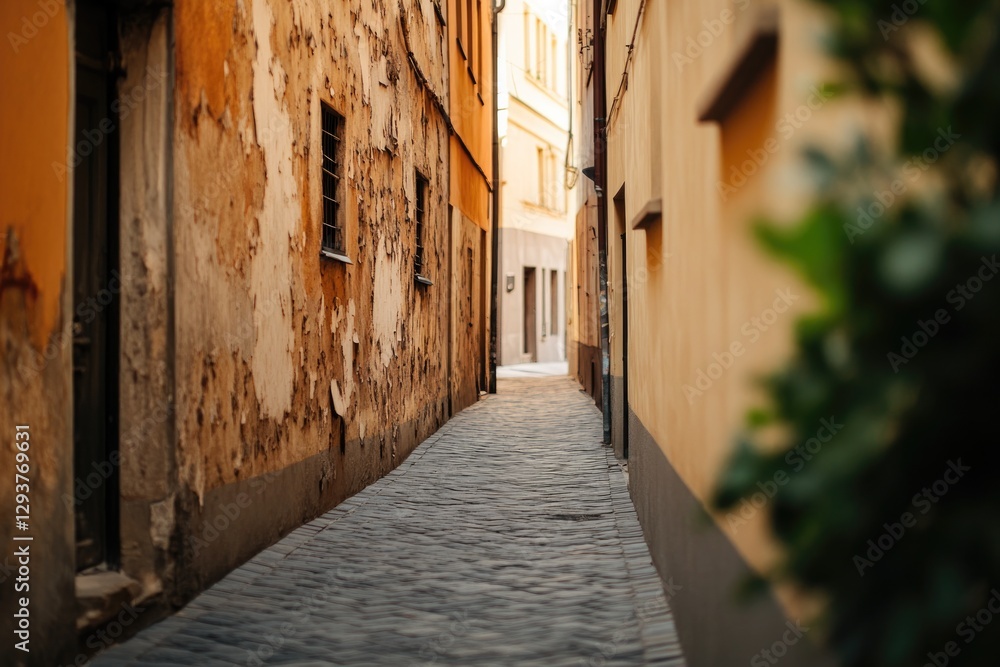 Fototapeta premium Narrow cobblestone alley reveals charming architecture and vibra