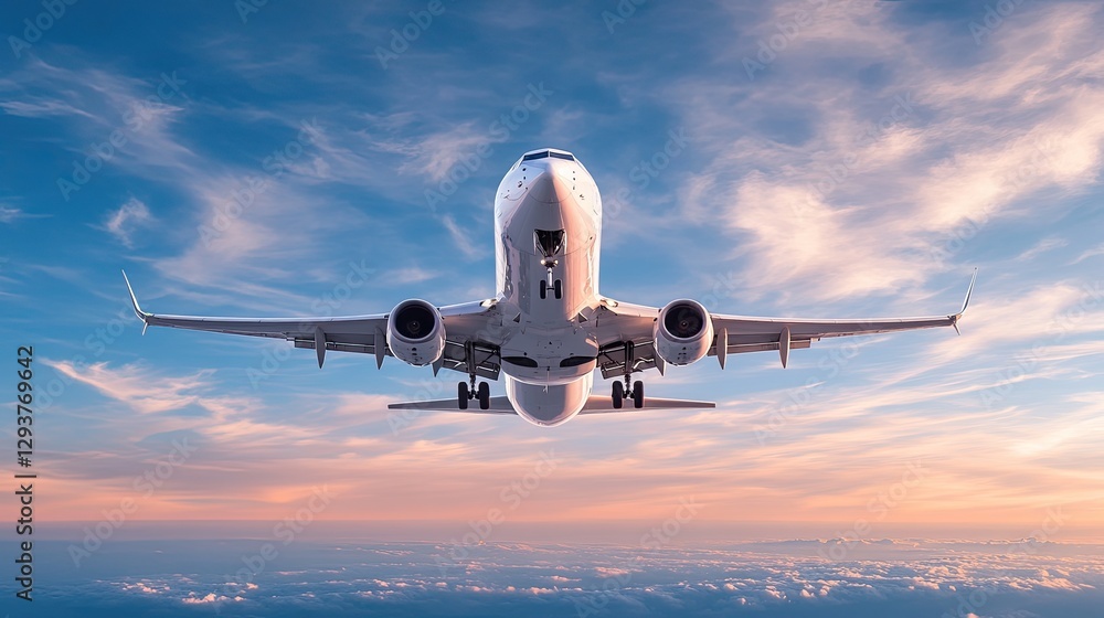 Airplane soaring through colorful clouds at sunset, showcasing f Airplane soaring through colorful clouds at sunset, showcasing f