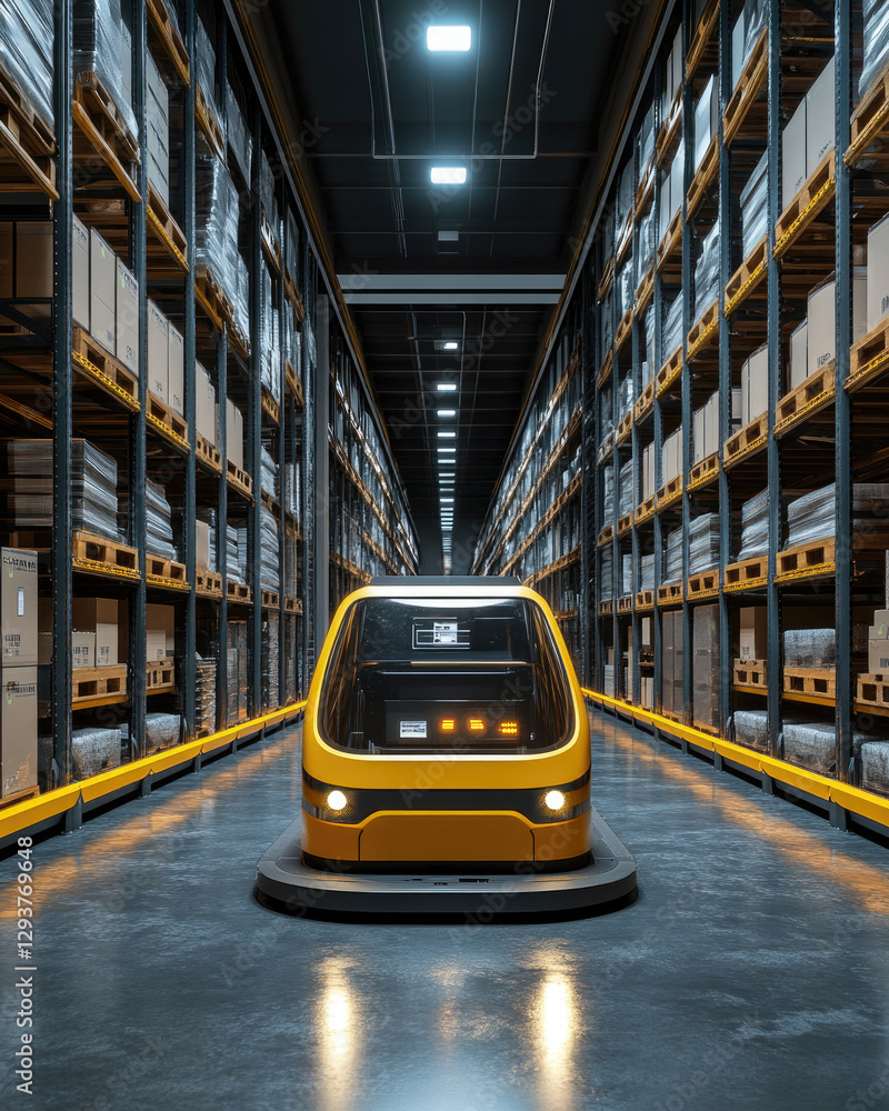 Fototapeta premium A robotic vehicle navigates through a modern warehouse filled with shelves of goods, showcasing automation in logistics.