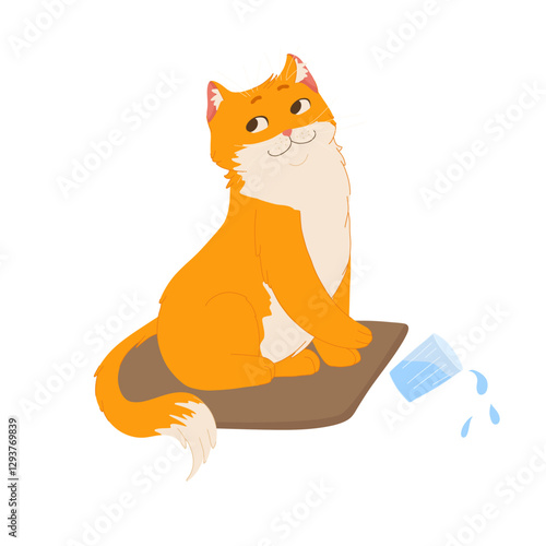 Hand drawn vector illustration of a funny cat character. Perfect for pet-themed stickers and greeting card. Troublemaker ginger cat dropping a glass of water