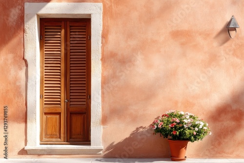 Warm terracotta wall features wooden shuttered door and vibrant
