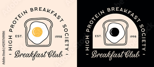 High protein breakfast club society egg toast lovers gym girl healthy lifestyle diet badge shirt design. Retro vintage black aesthetic bread slice illustration printable funny quotes card poster.