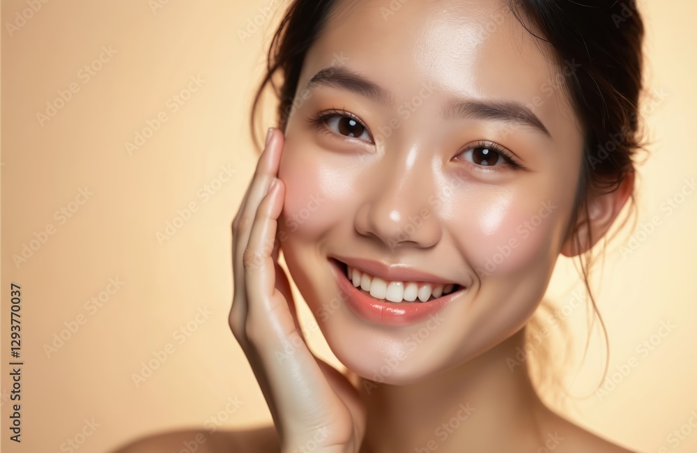 Close up portrait of smiling asian woman touching cheek. Young beautiful girl model with natural makeup enjoys glowing hydrated skin on beige background. Beauty concept for cosmetics, skincare Close up portrait of smiling asian woman touching cheek. Young beautiful girl model with natural makeup enjoys glowing hydrated skin on beige background. Beauty concept for cosmetics, skincare
