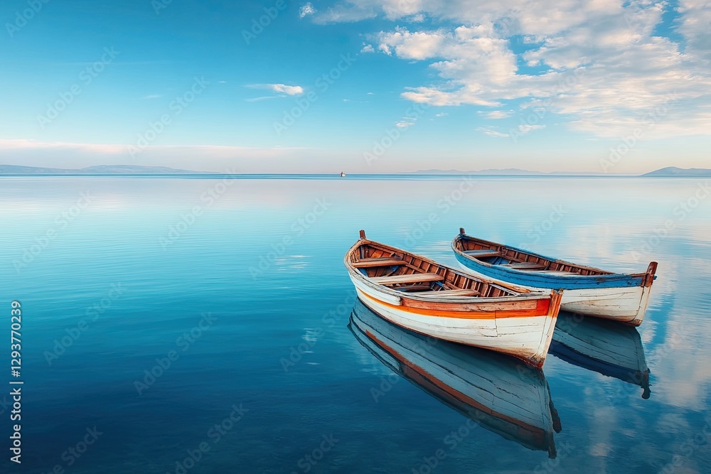 Fototapeta premium Tranquil scene with two boats gently floating on calm azure wate
