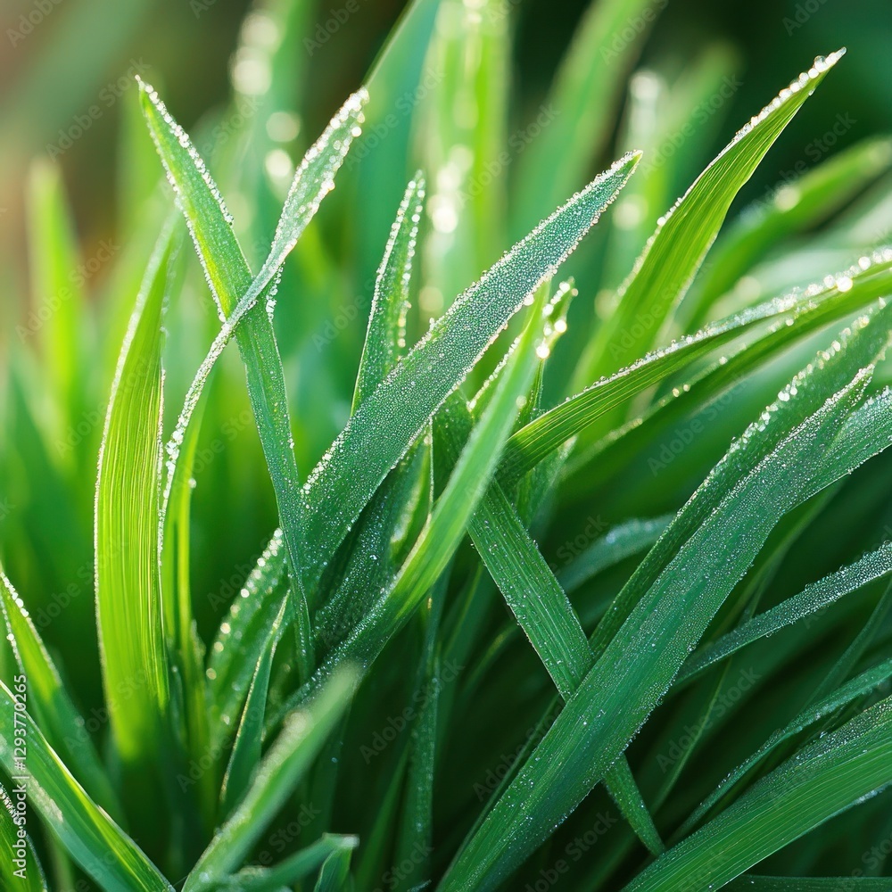 Fototapeta premium Dew-kissed grass blades in morning light