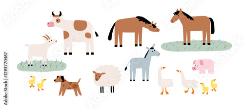 Cute farm animals in flat style. Hand-drawn country horse, cow, sheep, goose, dog, pig, donkey. Childish character. Cartoon flat graphic vector illustrations