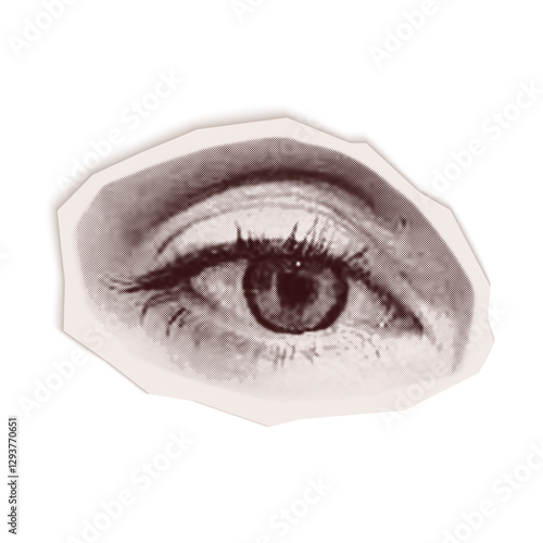 Vintage torn out paper collage of open eye sexy woman. Isolated vector collage illustration cut from an old newspaper with a halftone effect. Retro element with Bitmap texture of female eye close up