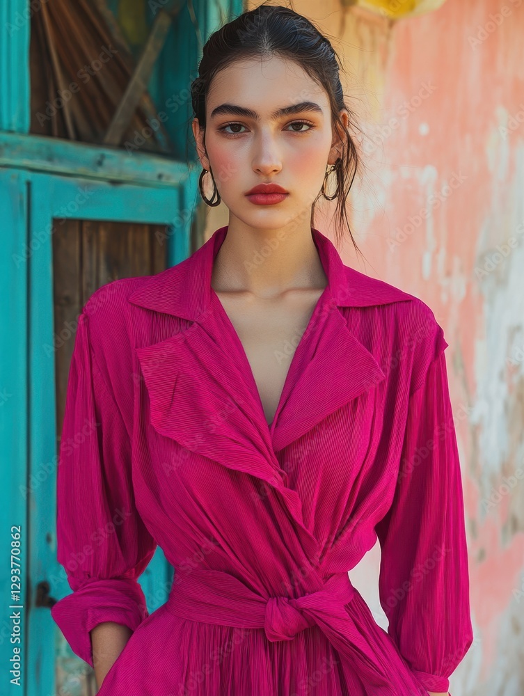 Chic Portrait of a Model in a Bold Pink Dress Against a Vibrant Background, Perfect for Fashion Promotions Chic Portrait of a Model in a Bold Pink Dress Against a Vibrant Background, Perfect for Fashion Promotions