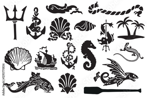 Silhouettes of marine icons. Old school tattoo style