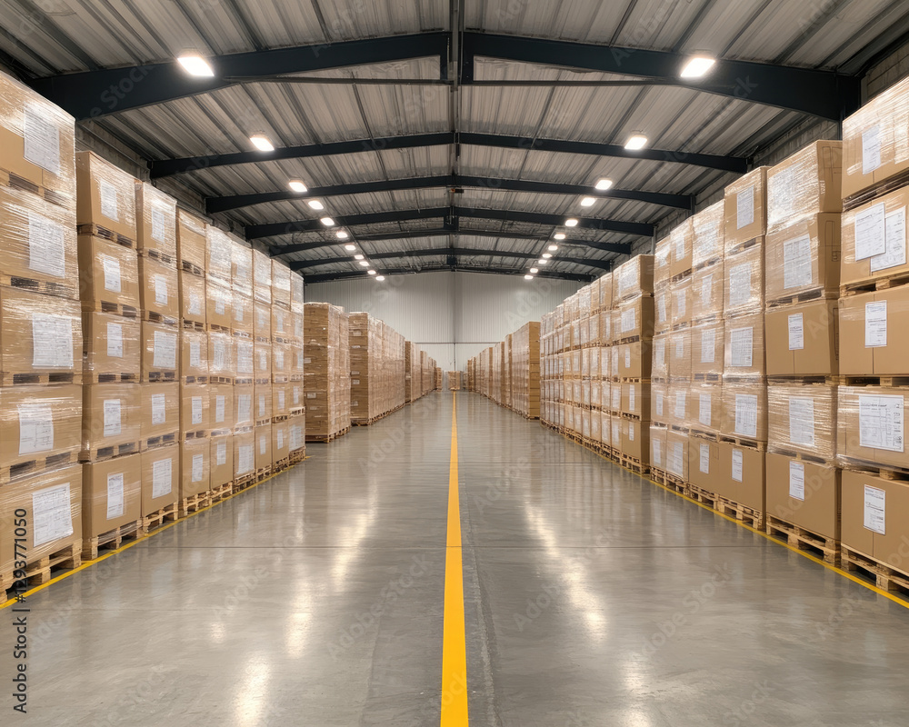 Fototapeta premium A spacious warehouse filled with neatly stacked cardboard boxes extending along aisles, showcasing efficient storage and organization.
