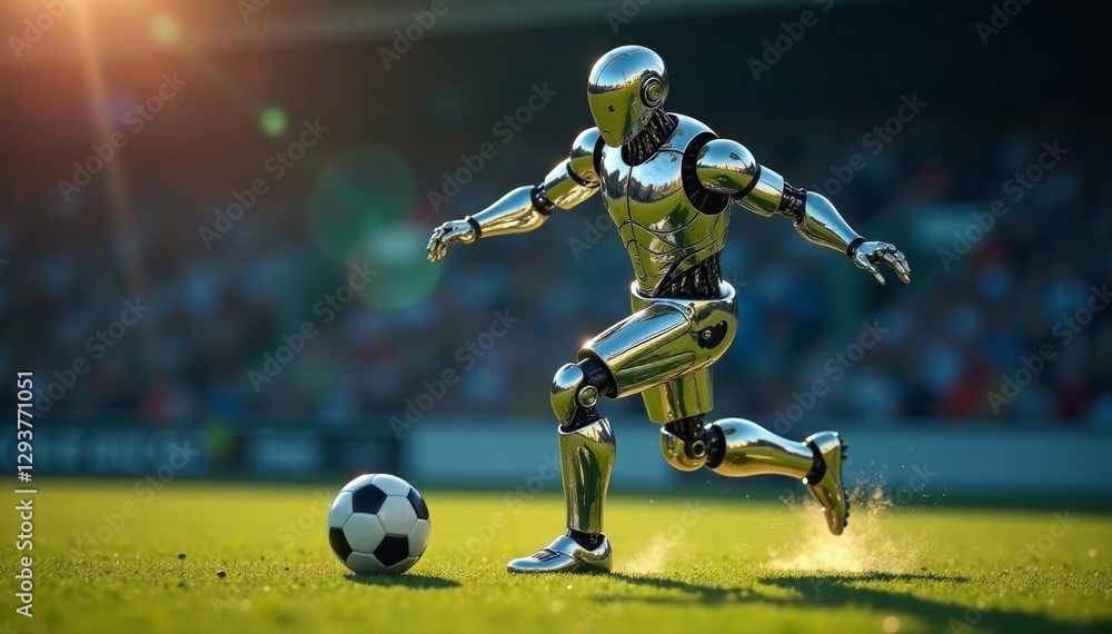 Fototapeta premium Chrome robot leg powerfully kicks soccer ball , robotic leg, soccer ball, advanced robotics