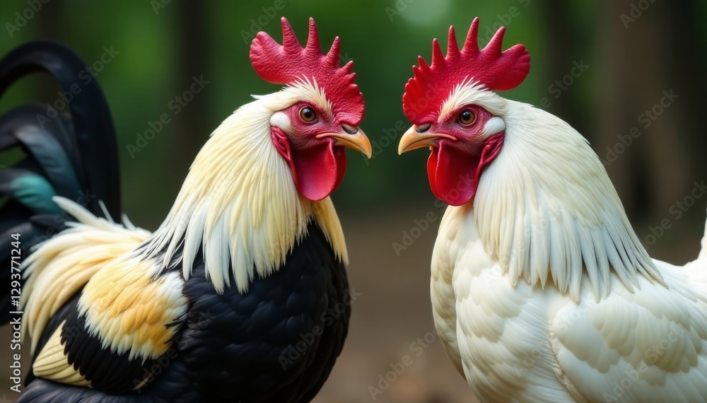 Fototapeta premium Close-up of white rooster and black hen mating , poultry, black