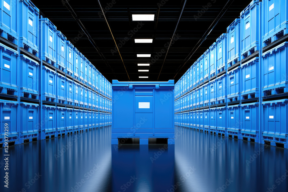 A modern storage facility featuring a central blue container surrounded by rows of similar containers, all set against a sleek, reflective floor. A modern storage facility featuring a central blue container surrounded by rows of similar containers, all set against a sleek, reflective floor.