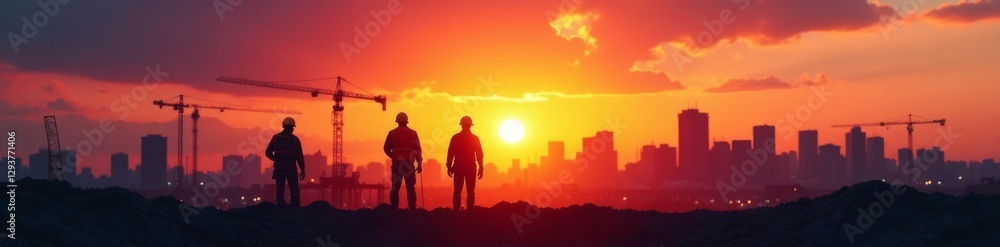Fototapeta premium Construction crew sunset silhouette, cityscape backdrop , urban construction, building skyline, urban