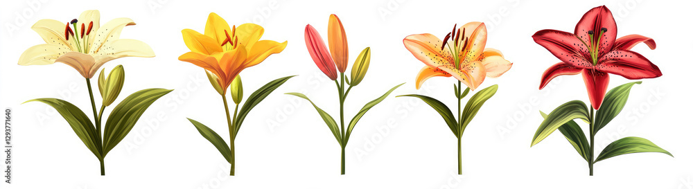 Naklejka premium Set of elegant blooming lilies with buds, isolated on a white background