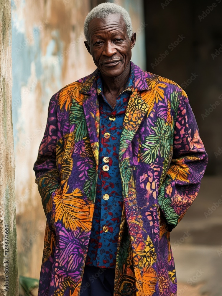 Obraz premium Vibrant Togo Fashion: A man in a colorful patterned coat showcasing traditional African attire against a rustic backdrop.