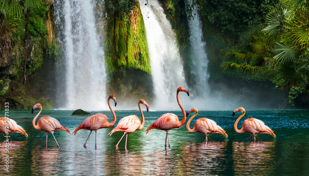 Naklejka premium Beautiful Pink Flamingo birds in nature standing in the water with a beautiful waterfall in the background
