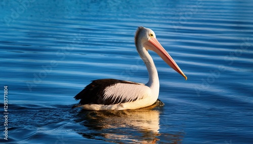 Pelican at Monkey Mia, Western Australia Majestic Pelican Soaring over Crystal Clear Waters at Sunrise, Contrasting against the Warm Sands and Vibrant Coastal Landscape photo