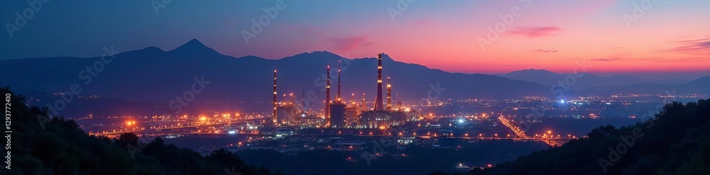 Fototapeta premium Illuminated industrial zone against mountain range at twilight , illumination, industrial