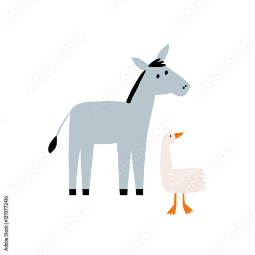 Cute farm animals in flat style. Hand-drawn country donkey and goose. Childish character. Cartoon flat graphic vector illustrations