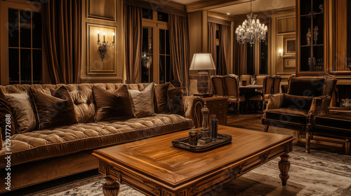 A luxurious living room with realistic lighting