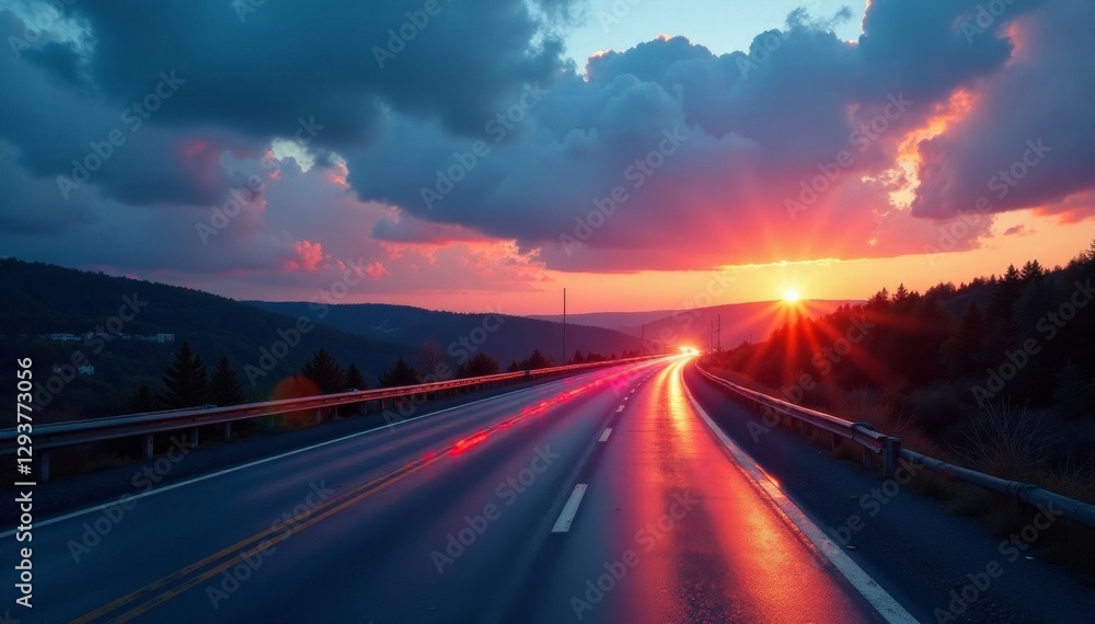 Fototapeta premium Road construction at twilight, glowing lights, cloudy backdrop, image, machinery, twilight