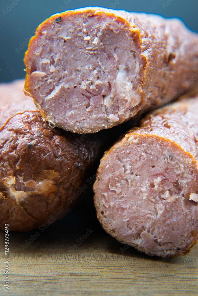 Dry smoked sausage, medium minced. Traditional taste and appetizing aroma.