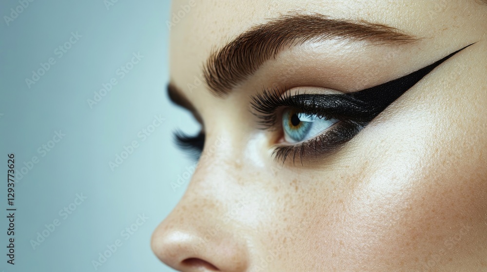 Fototapeta premium A close-up beauty portrait showcasing bold graphic eyeliner, delivering a modern, fashionable look with strong, defined eye makeup in high focus