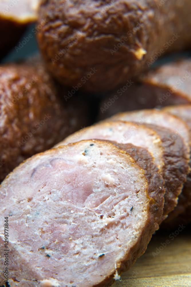 Dry smoked sausage, medium minced. Traditional taste and appetizing aroma.