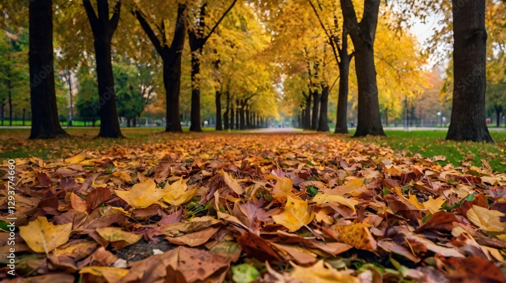 Autumn Pathway Covered with Golden Leaves Under Canopy of Vibrant Trees. Fall background Autumn Pathway Covered with Golden Leaves Under Canopy of Vibrant Trees. Fall background