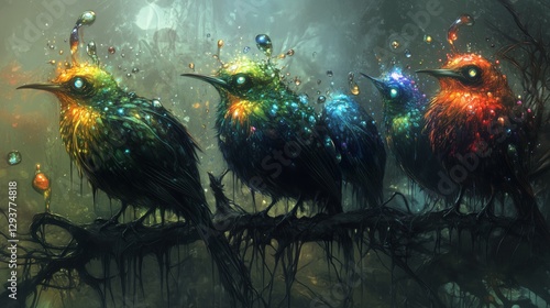 Colorful Elven Birds in the Fantasy Forest photo