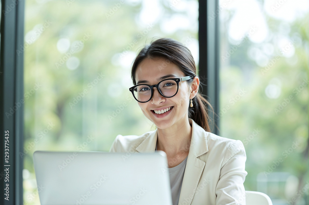 Portrait of joyful asian woman smiling with glasses near her laptop at bright and modern office workspace Portrait of joyful asian woman smiling with glasses near her laptop at bright and modern office workspace