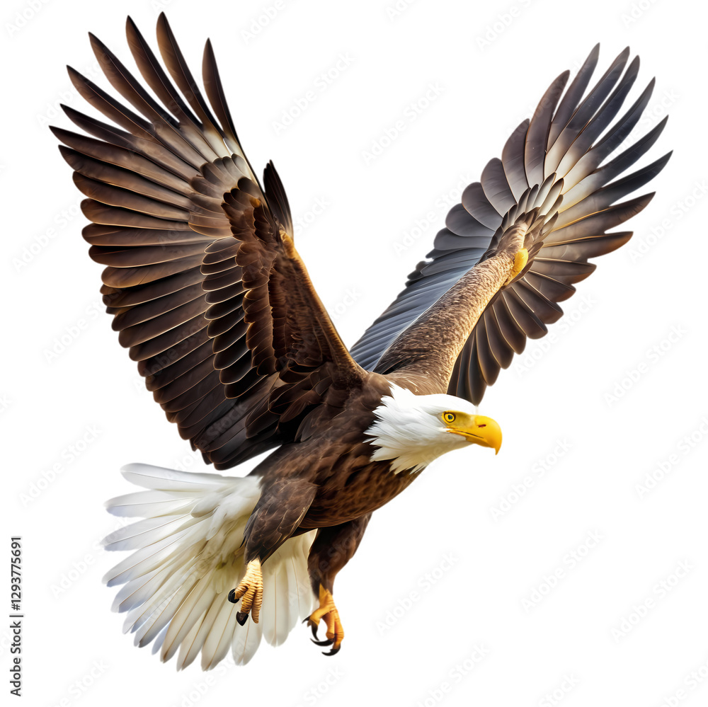 Fototapeta premium Majestic Bald Eagle in Flight Powerful Wings Brown White Feathers Wildlife Nature Bird of Prey